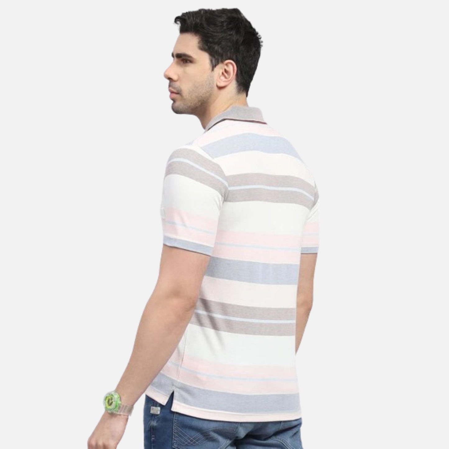 Pink Stripe Polo Collar Half Sleeve T-Shirt