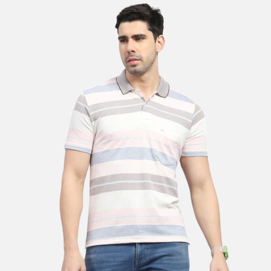 Pink Stripe Polo Collar Half Sleeve T-Shirt