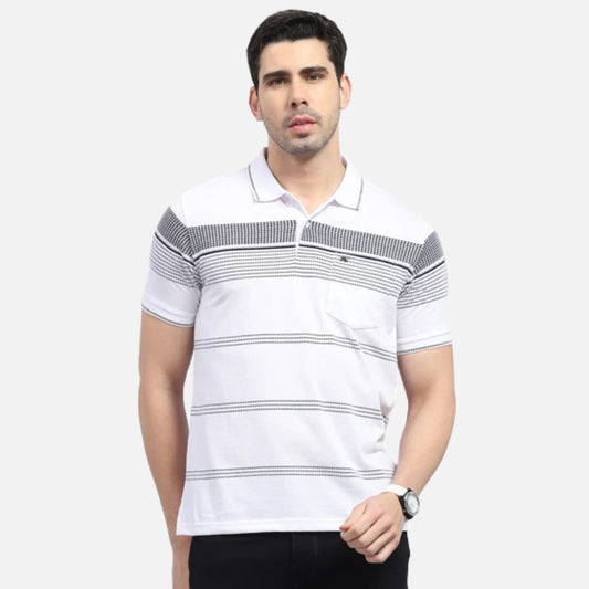 White Stripe Polo Collar Half Sleeve T-Shirt