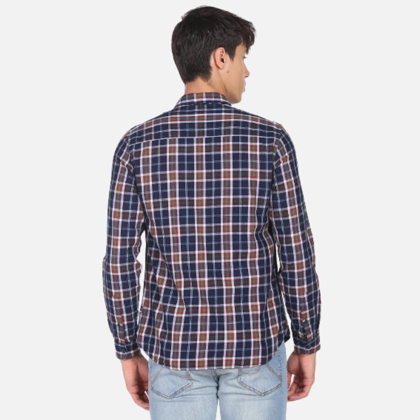Indigo Plaid Check Twill Cotton Shirt