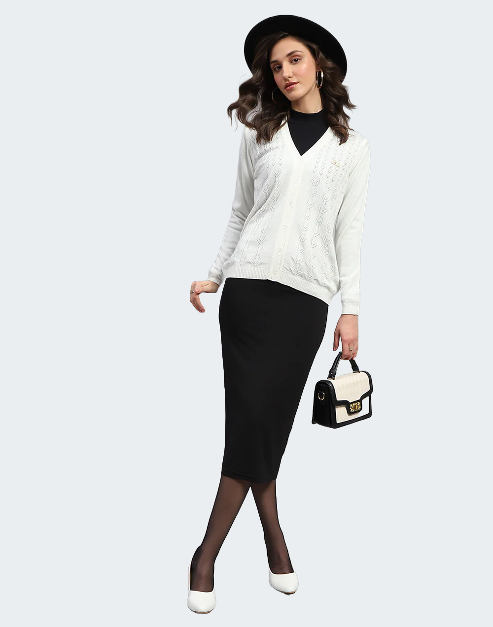 Women White Self Design V Neck Full Sleeve Cardigan