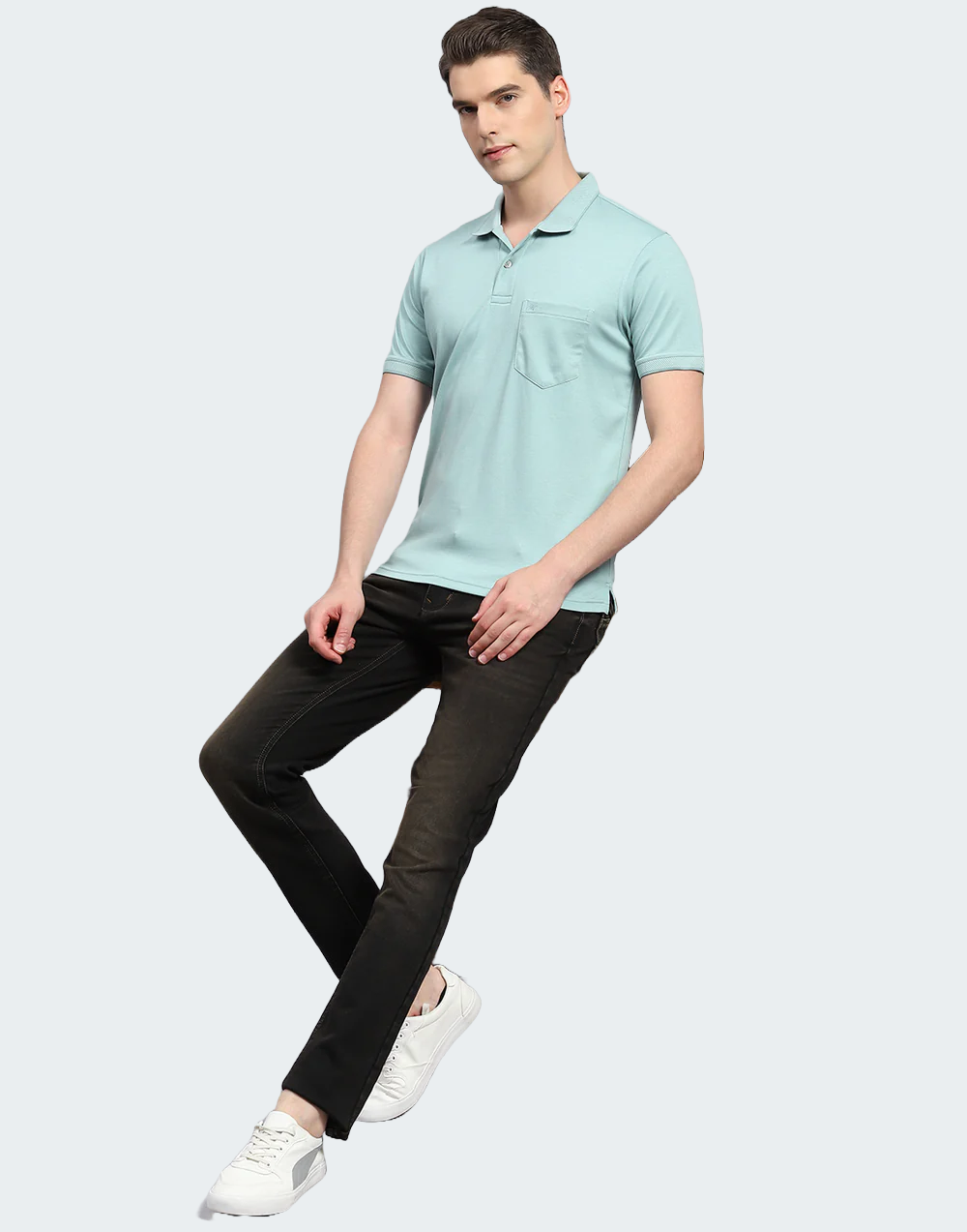 Men Sea Green Solid Collar Neck Half Sleeve T-Shirt