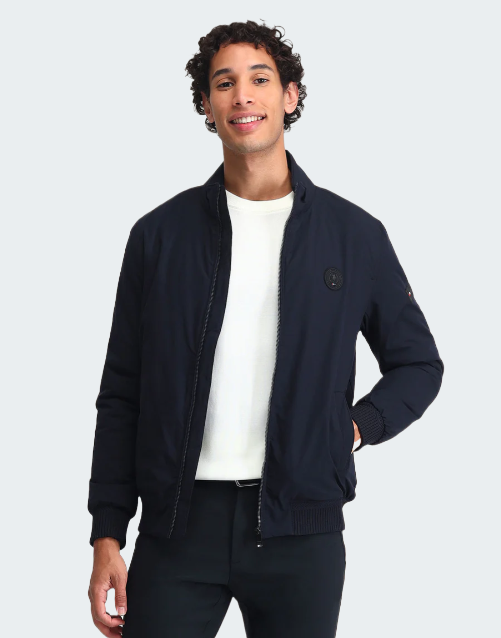 White & Navy Stand Neck Solid Jacket