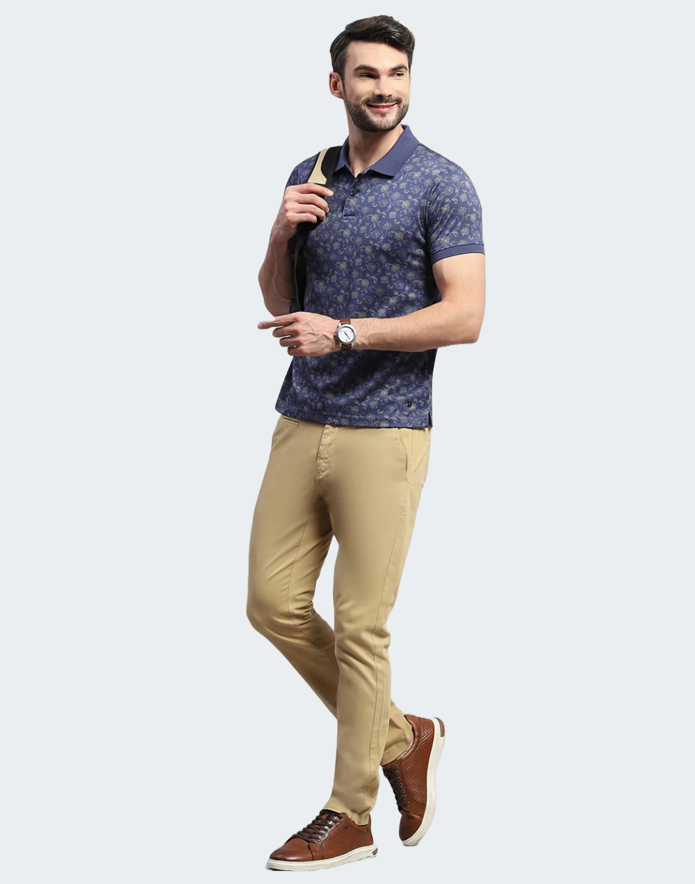 Men Blue Printed Collar Half Sleeve T-Shirt