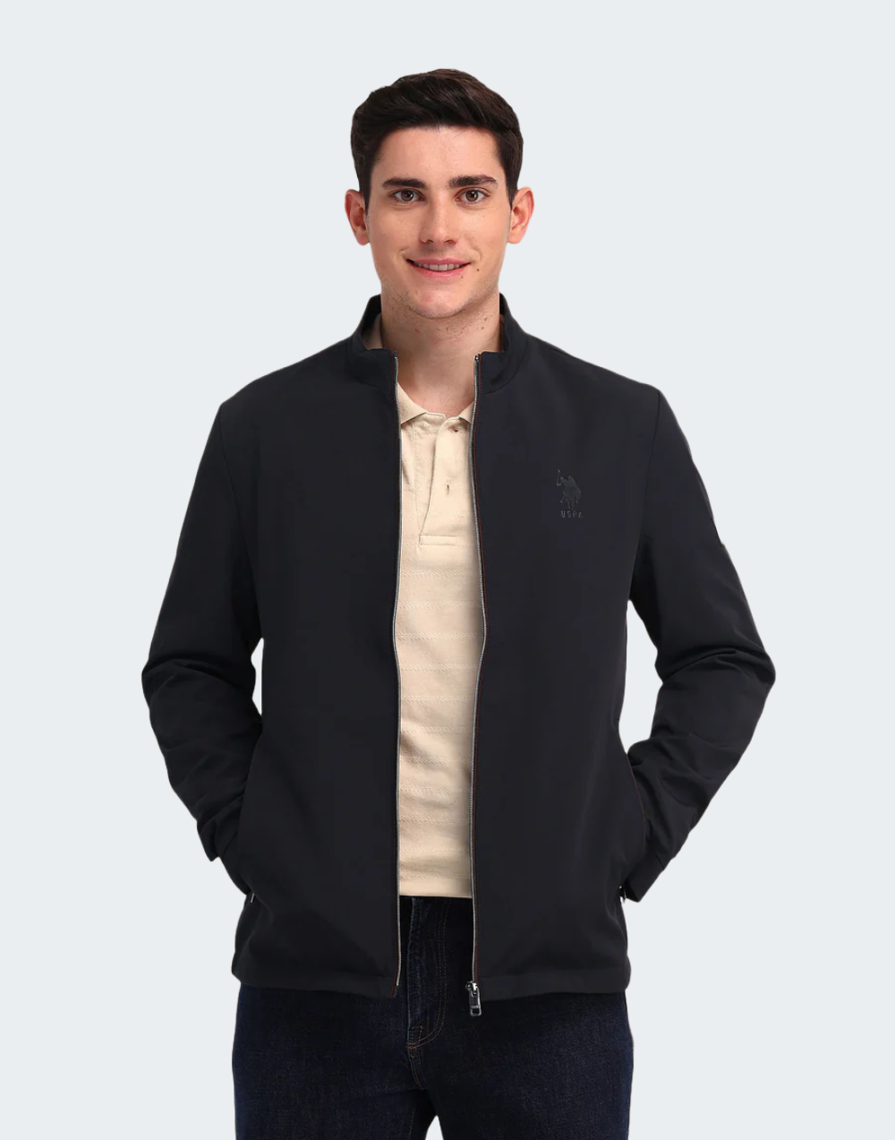 Navy Stand Neck Solid Jacket