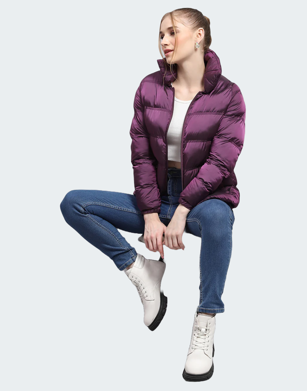 Women Purple Solid High Neck Full Sleeve Jacket
