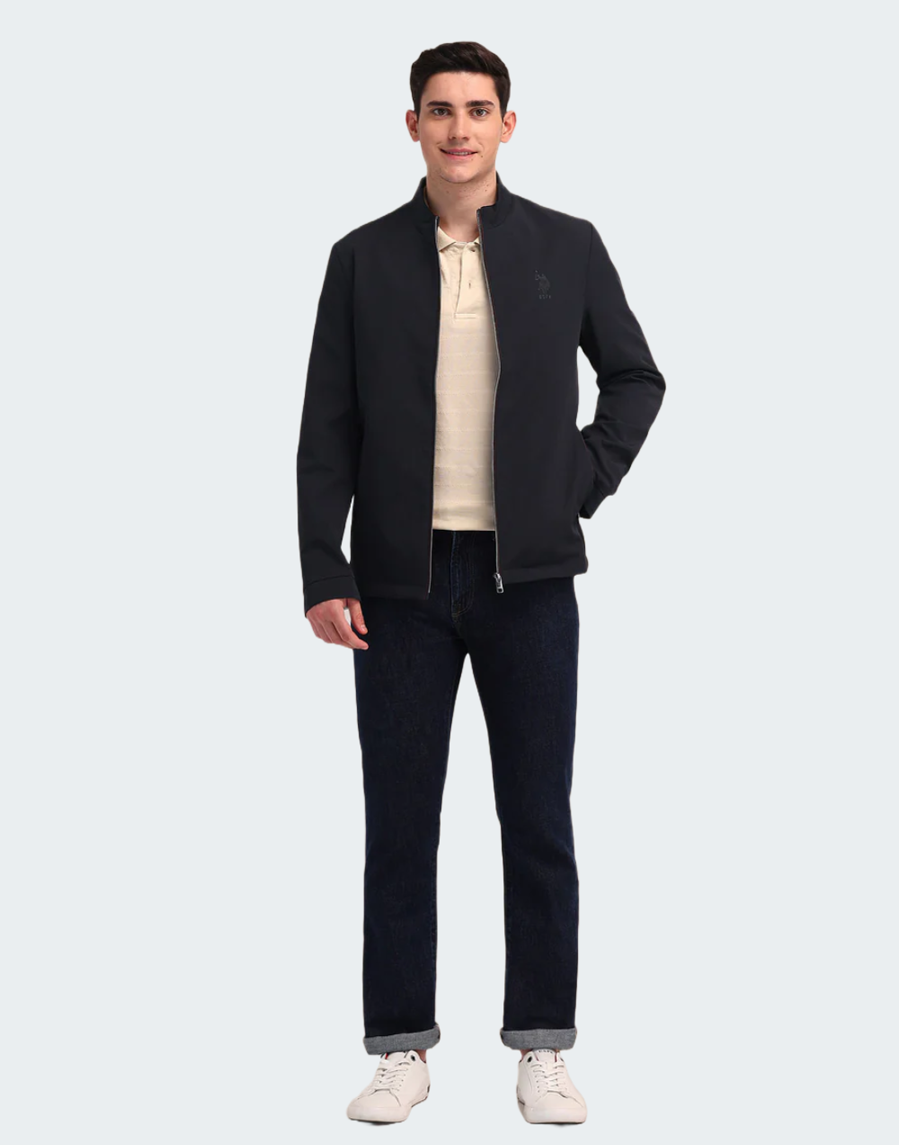Navy Stand Neck Solid Jacket