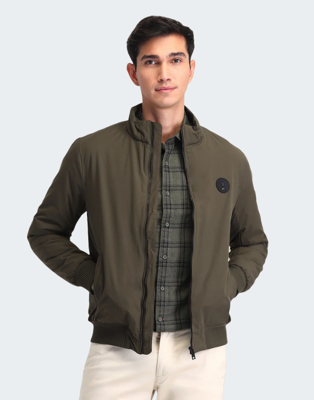 Dark Olive Regular Fit Solid Casual Jacket
