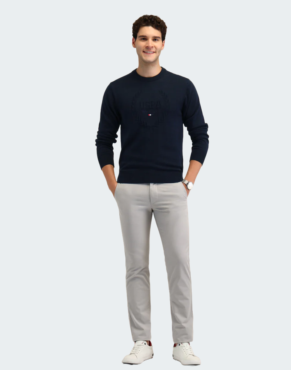 Navy Brand Printed Regular Fit Sweater