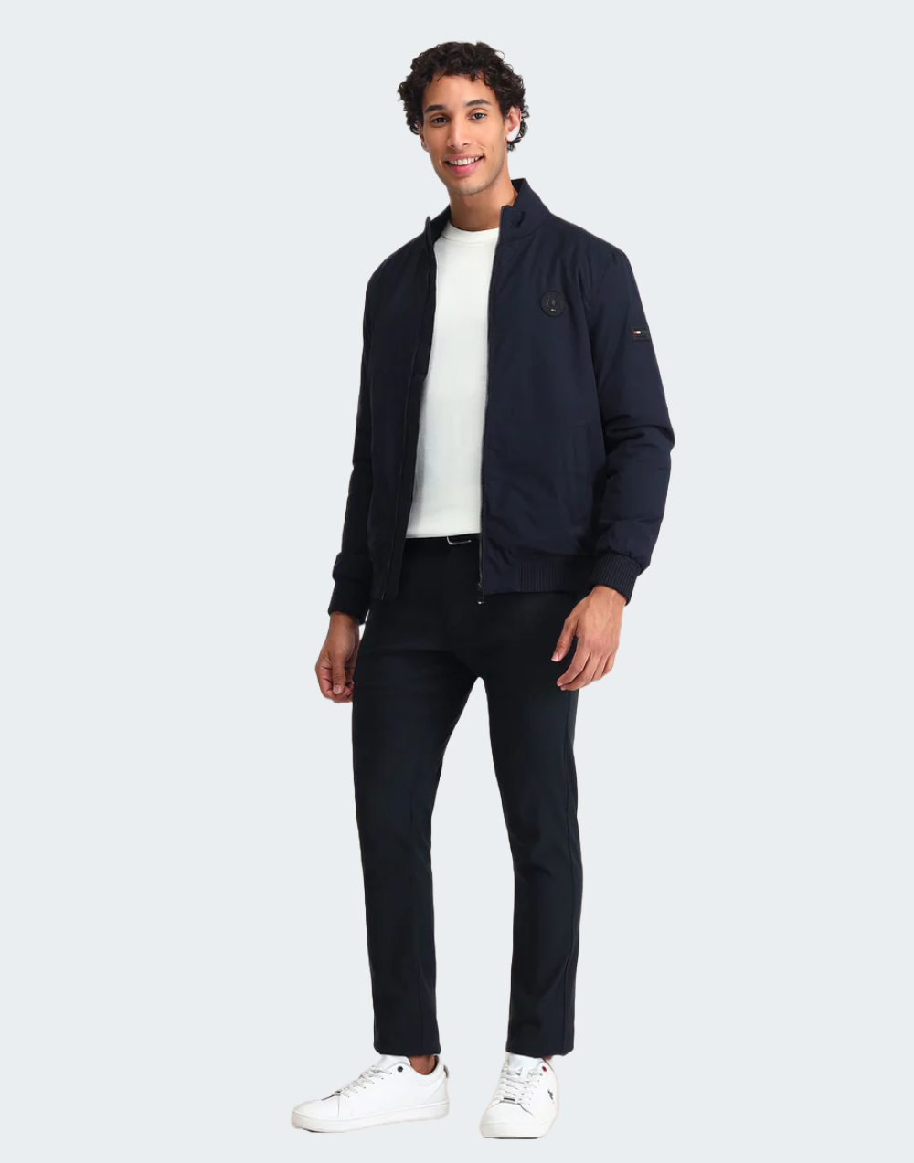 White & Navy Stand Neck Solid Jacket