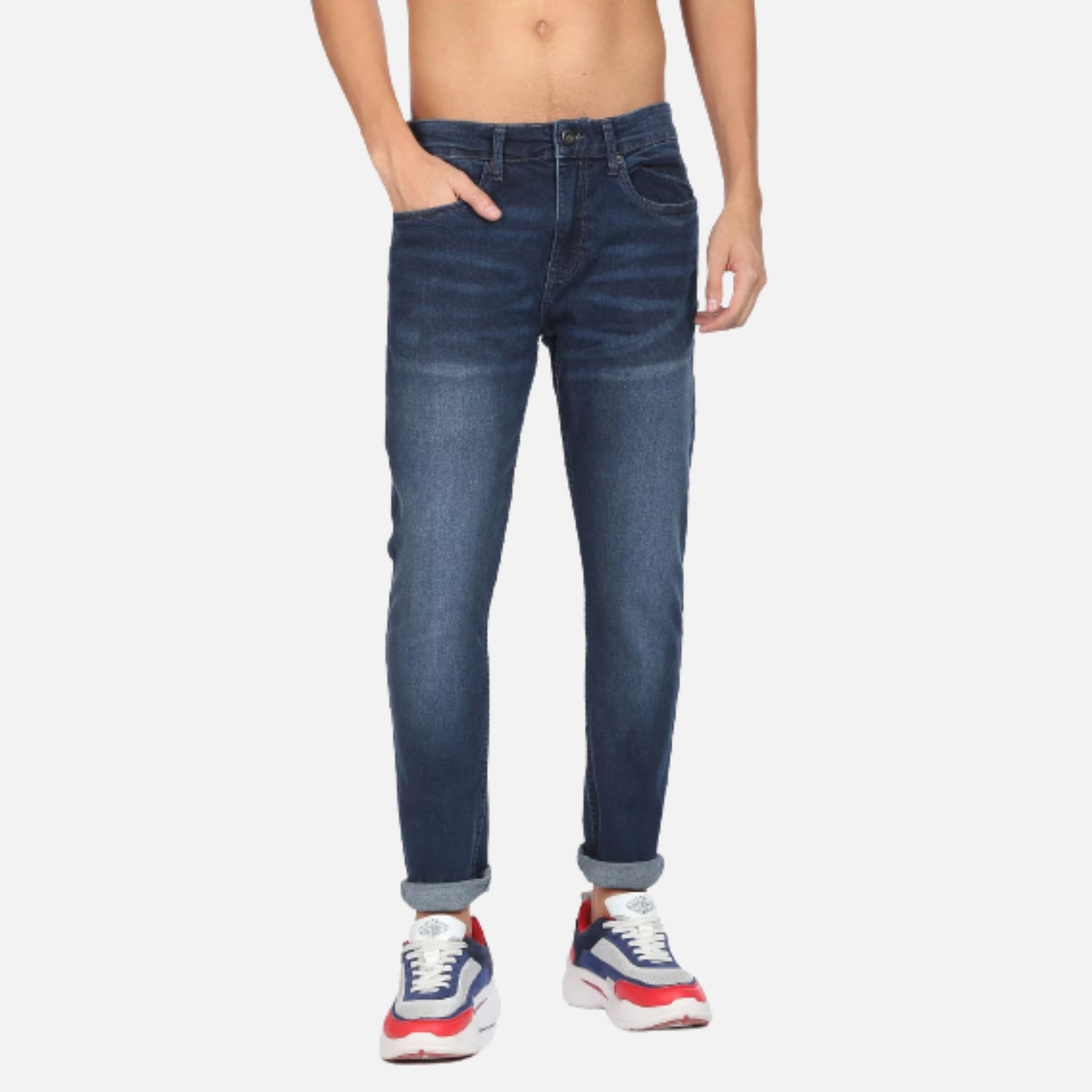Dark Blue Stone Wash Slash Slim Tapered Fit Jeans