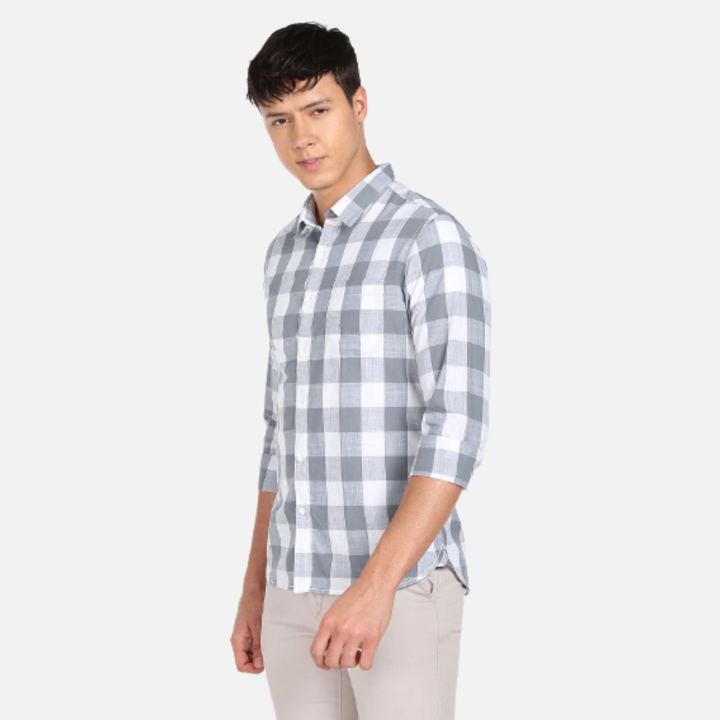 Slub Buffalo Check Spread Collar Casual Shirt