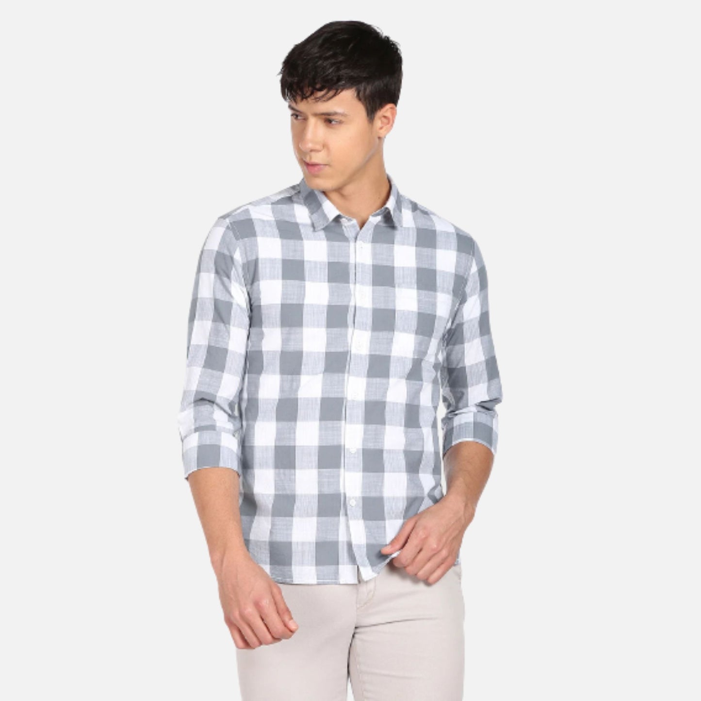 Slub Buffalo Check Spread Collar Casual Shirt