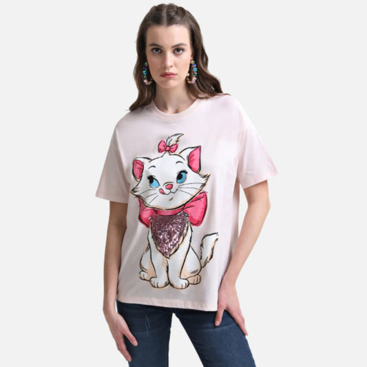 Aristocats Printed Graphic Long T-Shirt With Sequin