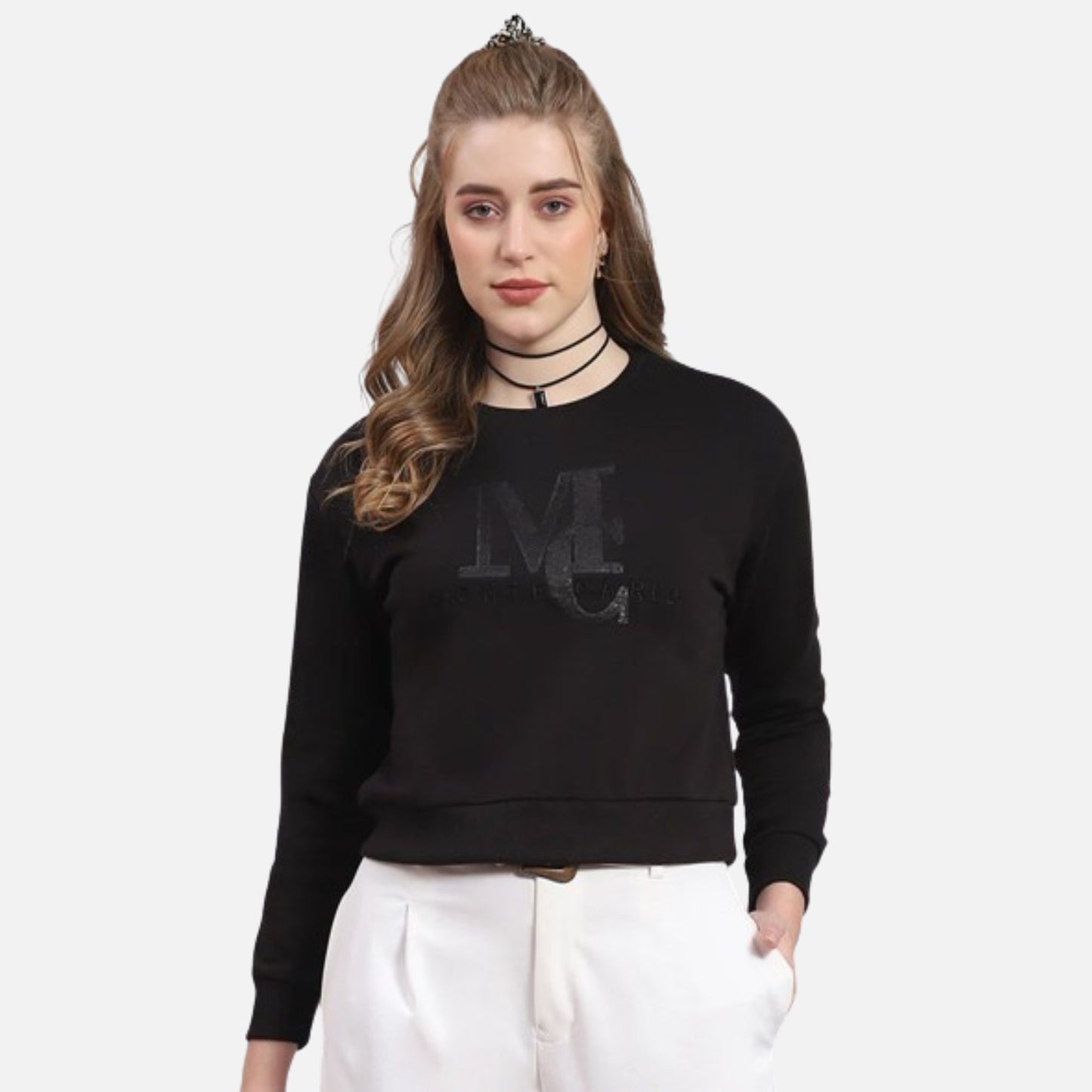 Black Embellished Round Neck Full Sleeve Sweatshirt