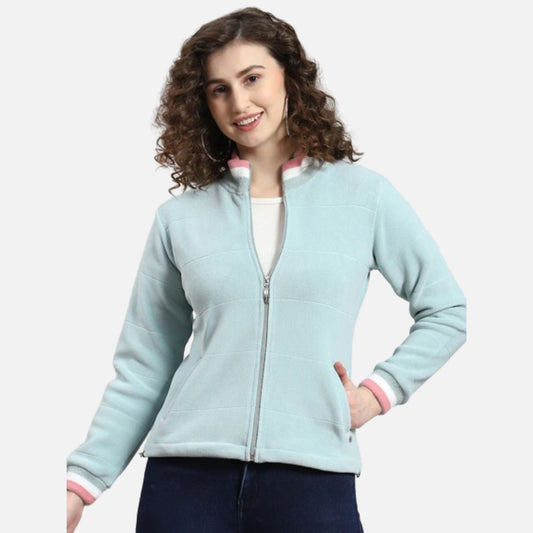 Aqua Blue Solid Stand Collar Full Sleeve Sweatshirt