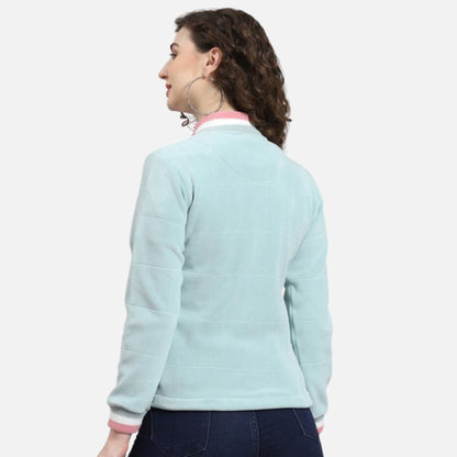 Aqua Blue Solid Stand Collar Full Sleeve Sweatshirt