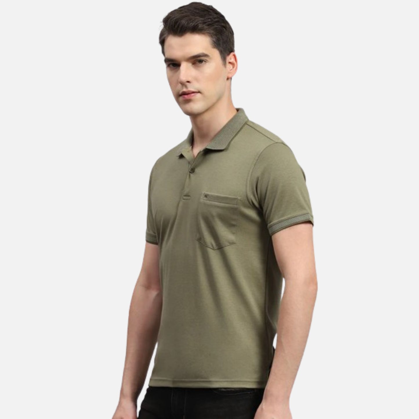 Olive Solid Collar Neck Half Sleeve Polo