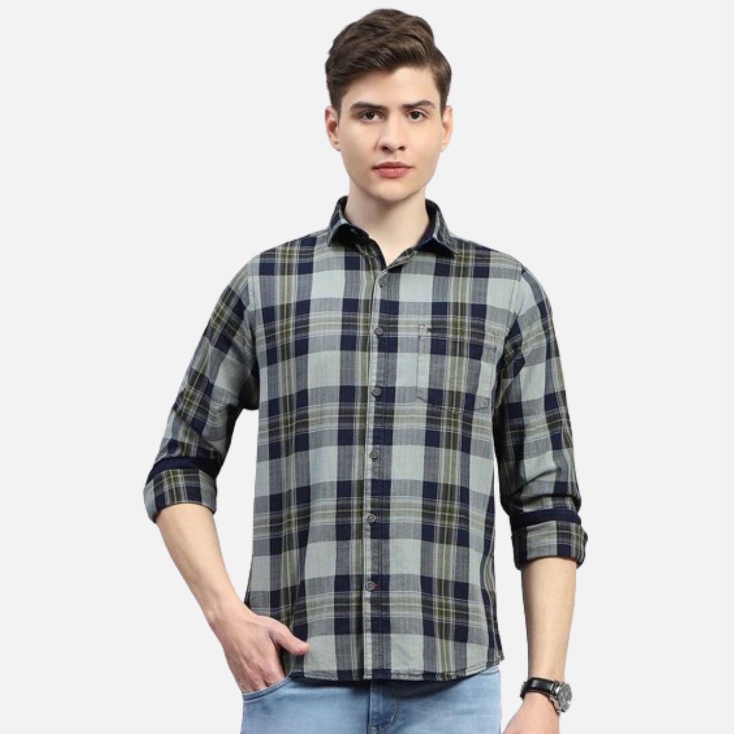 Olive Check Collar Full Sleeve Shirt