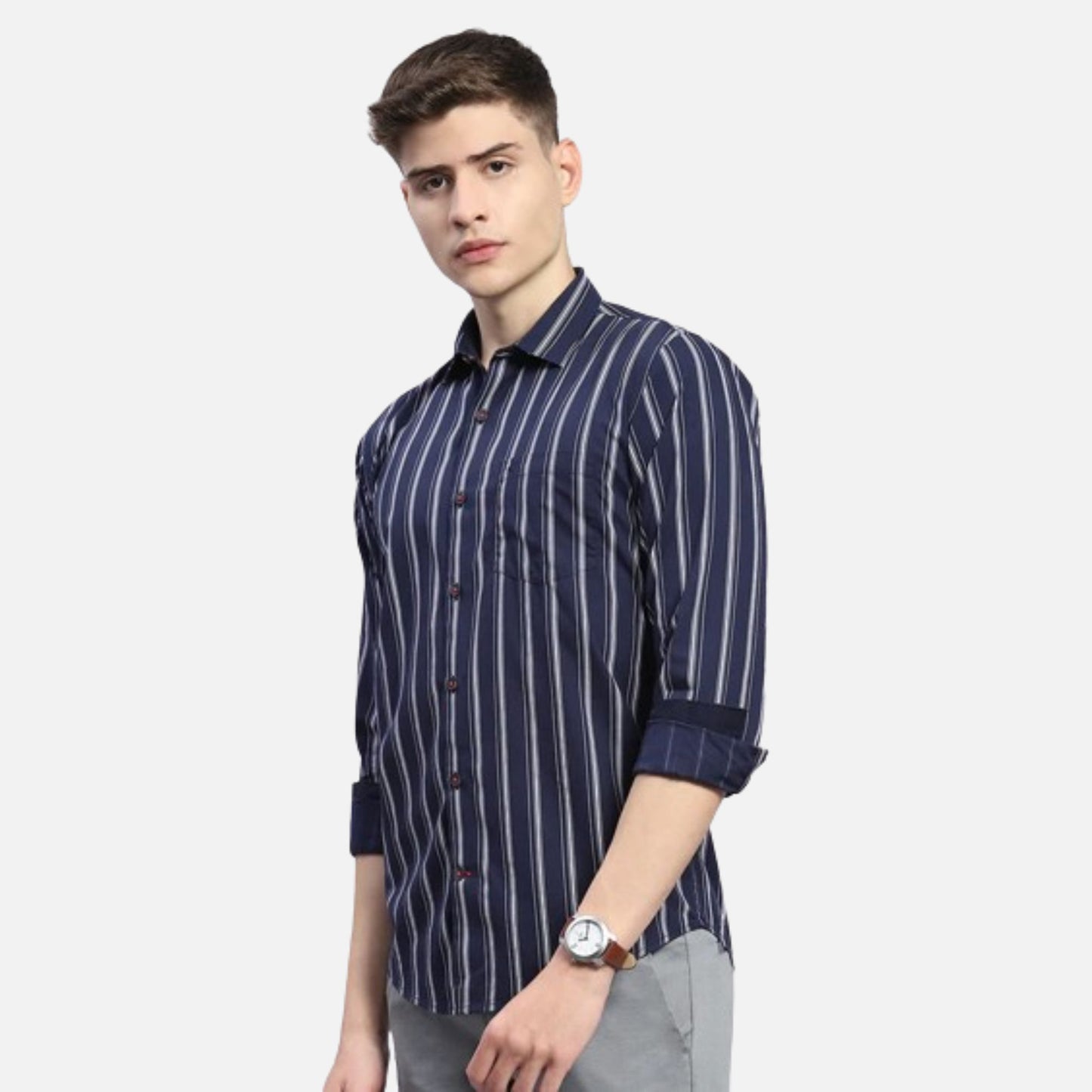 Navy Blue Stripe Collar Full Sleeve Shirt