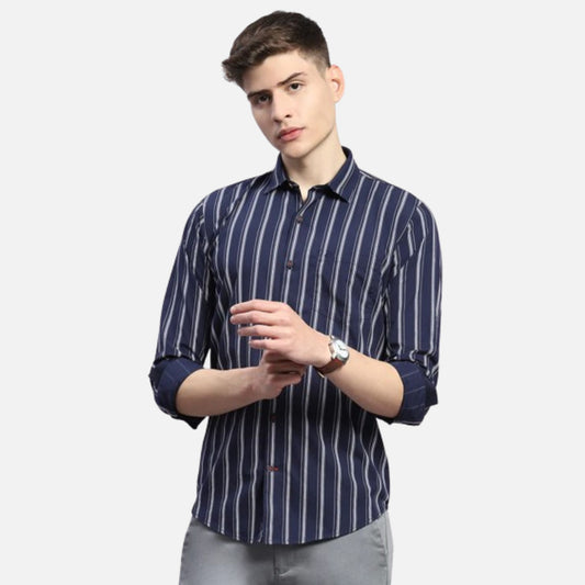 Navy Blue Stripe Collar Full Sleeve Shirt