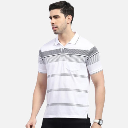 White Stripe Polo Collar Half Sleeve T-Shirt