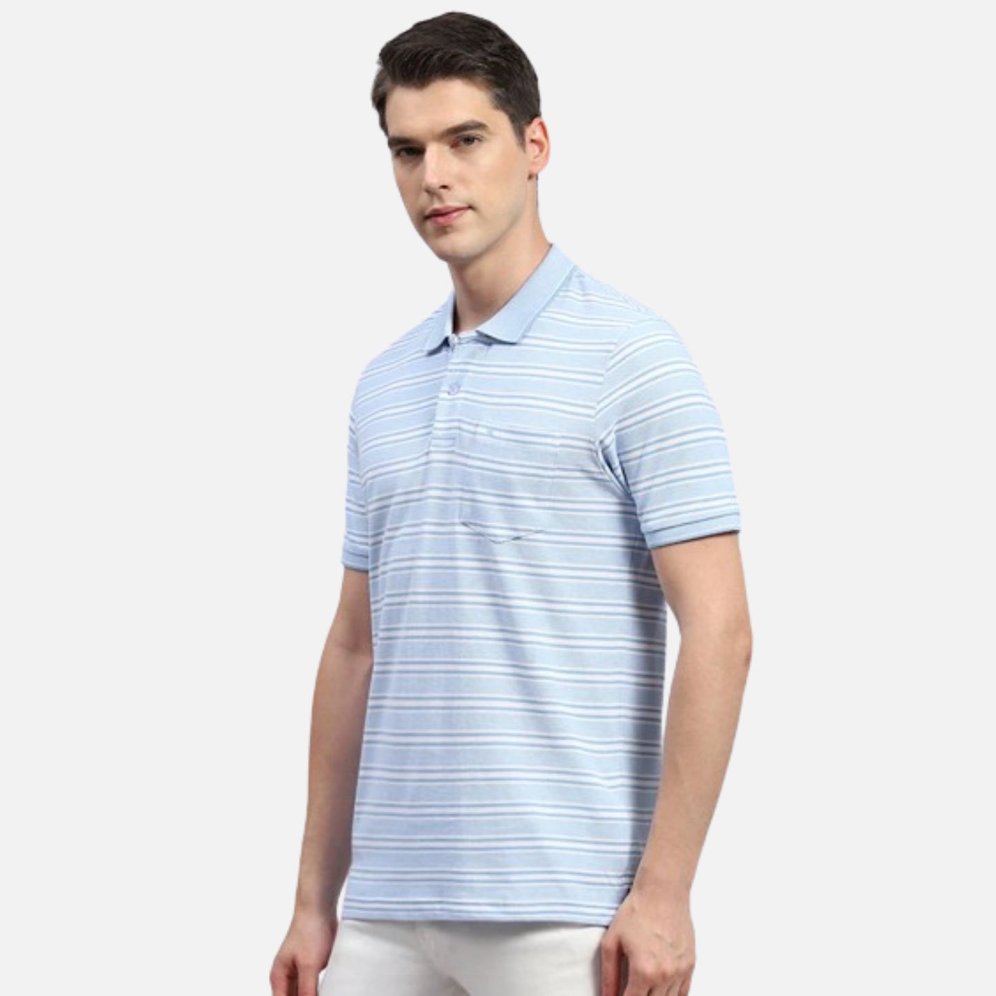 Sky Blue Stripe Collar Neck Half Sleeve Polo