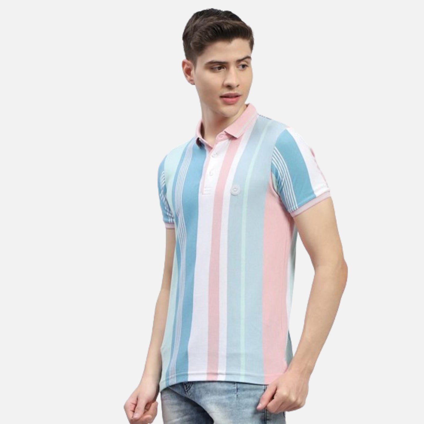 Pink Stripe Polo Collar Half Sleeve Polo