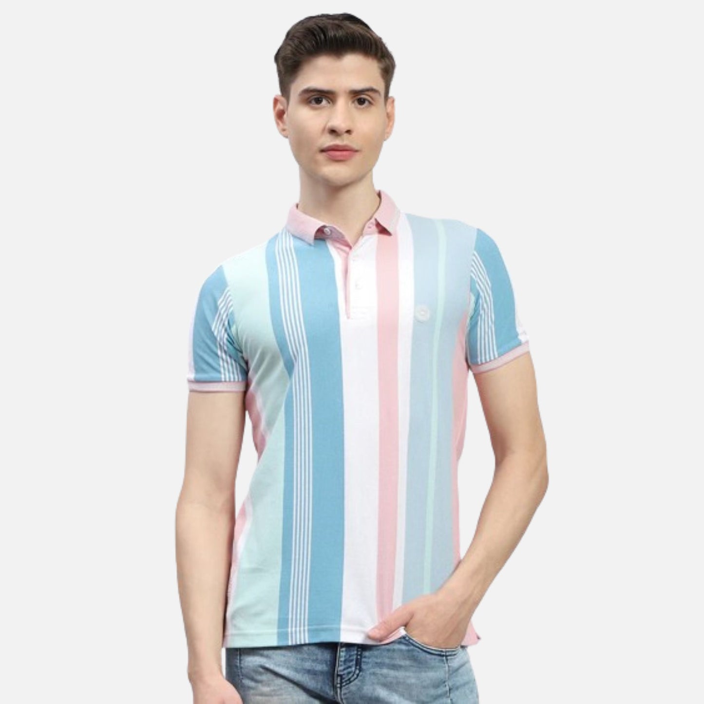 Pink Stripe Polo Collar Half Sleeve Polo