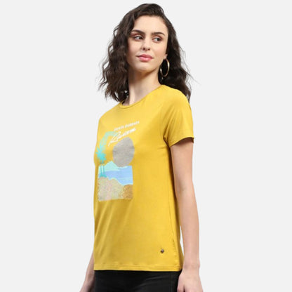 Yellow Printed Round Neck Half Sleeve Top