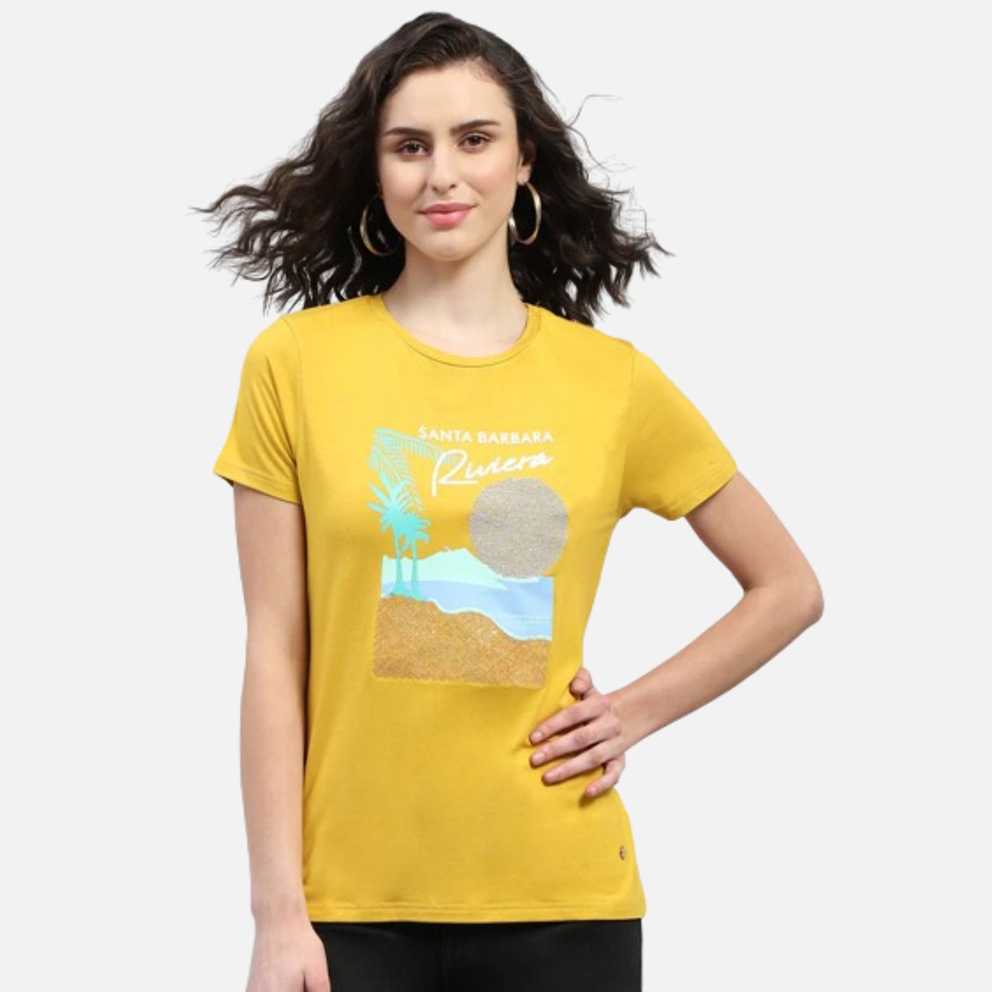 Yellow Printed Round Neck Half Sleeve Top