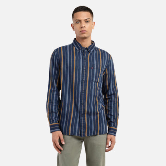 WASHED INDIGO STRIPED SLIM FIT SHIRT