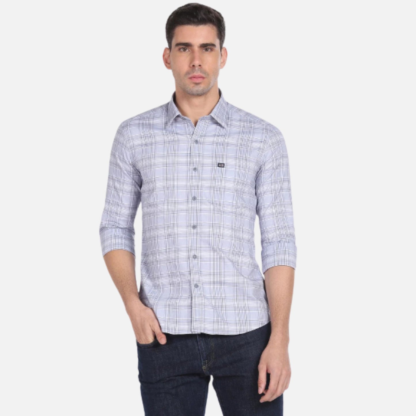 Point Collar Plaid Check Slim Fit Shirt