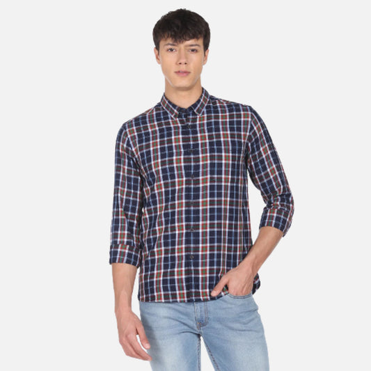 Indigo Plaid Check Twill Cotton Shirt