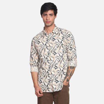 Slub Floral Print Spread Collar Casual Shirt