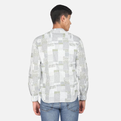 Mandarin Collar Slub Abstract Print Casual Shirt