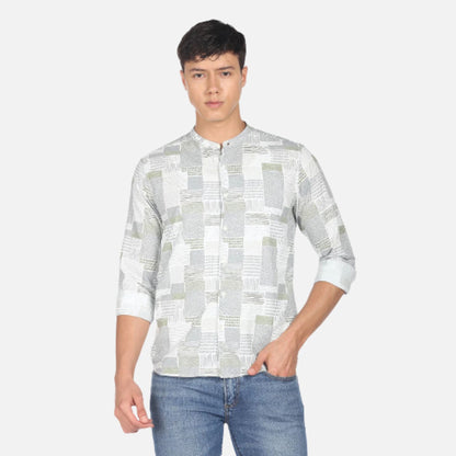 Mandarin Collar Slub Abstract Print Casual Shirt