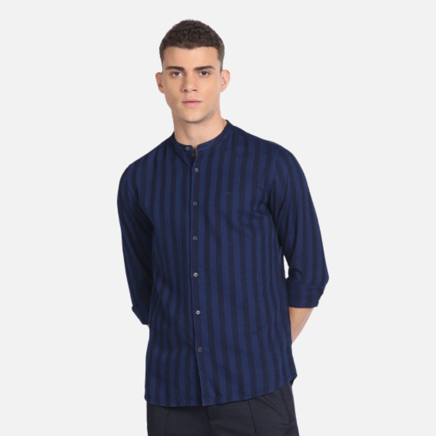 Mandarin Collar Vertical Stripe Shirt