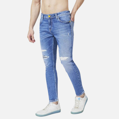 MID BLUE COTTON SLIM FIT TAPERED LENGTH MILD DISTRESSED MID RISE JEANS