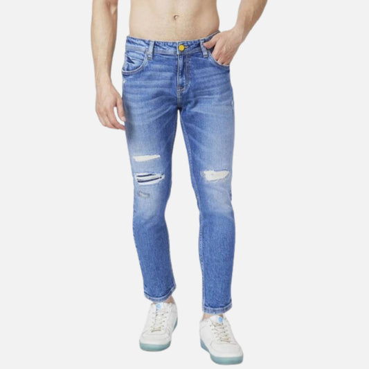 MID BLUE COTTON SLIM FIT TAPERED LENGTH MILD DISTRESSED MID RISE JEANS