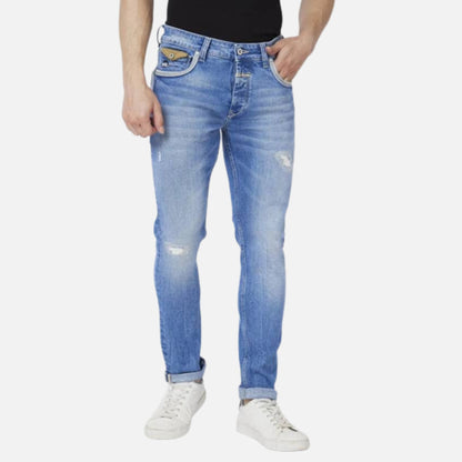 MID BLUE COTTON SLIM FIT NARROW LENGTH MILD DISTRESSED LOW RISE JEANS