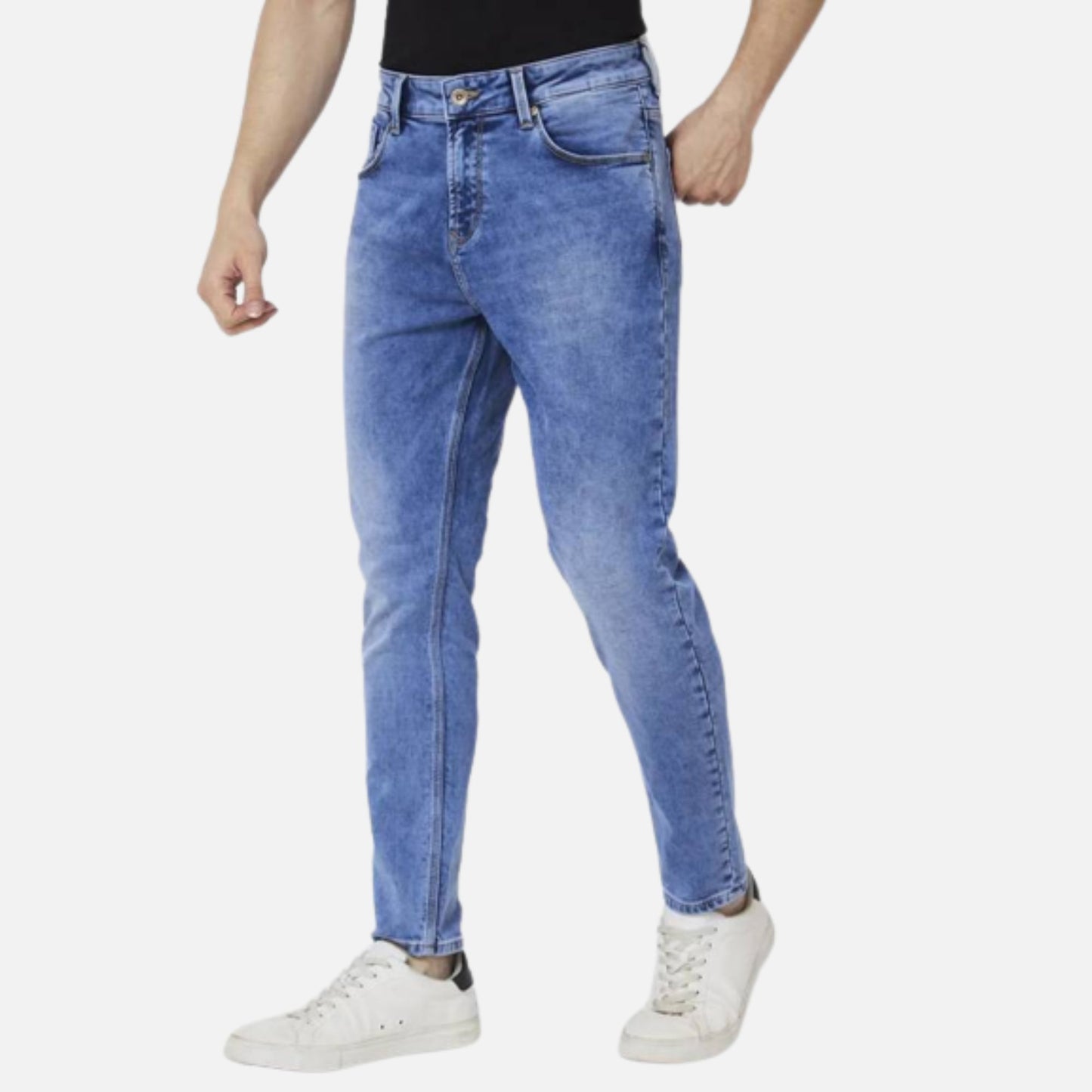 LIGHT BLUE COTTON STRETCH SLIM FIT TAPERED LENGTH CLEAN LOOK MID RISE JEANS