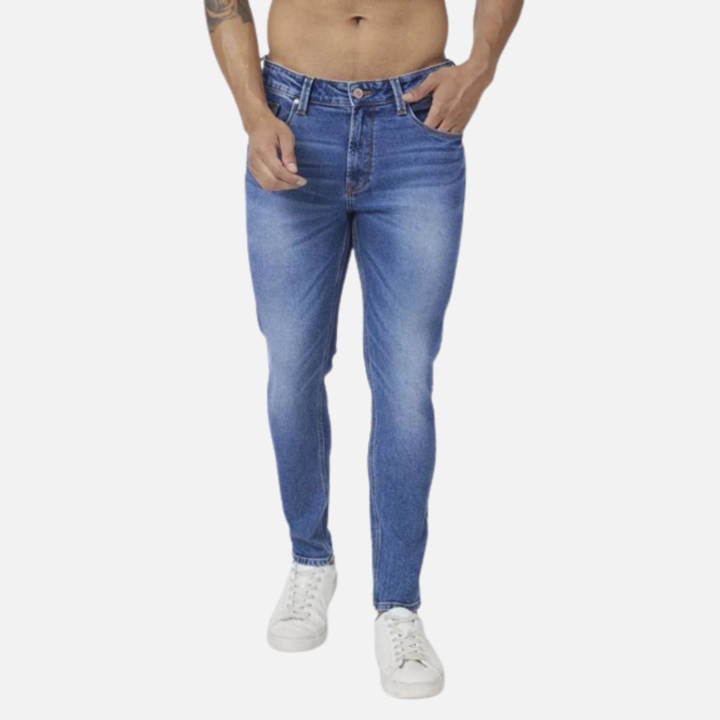 MID BLUE COTTON STRETCH SLIM FIT TAPERED LENGTH CLEAN LOOK MID RISE JEANS