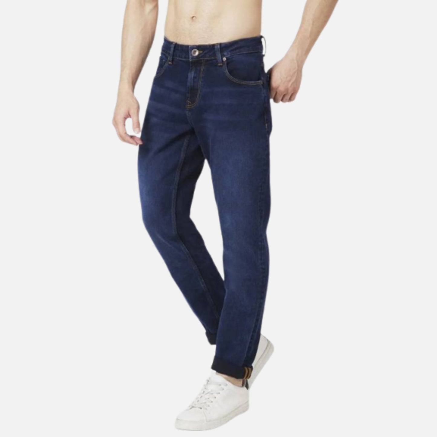 DARK BLUE COTTON STRETCH SLIM FIT NARROW LENGTH CLEAN LOOK LOW RISE JEANS