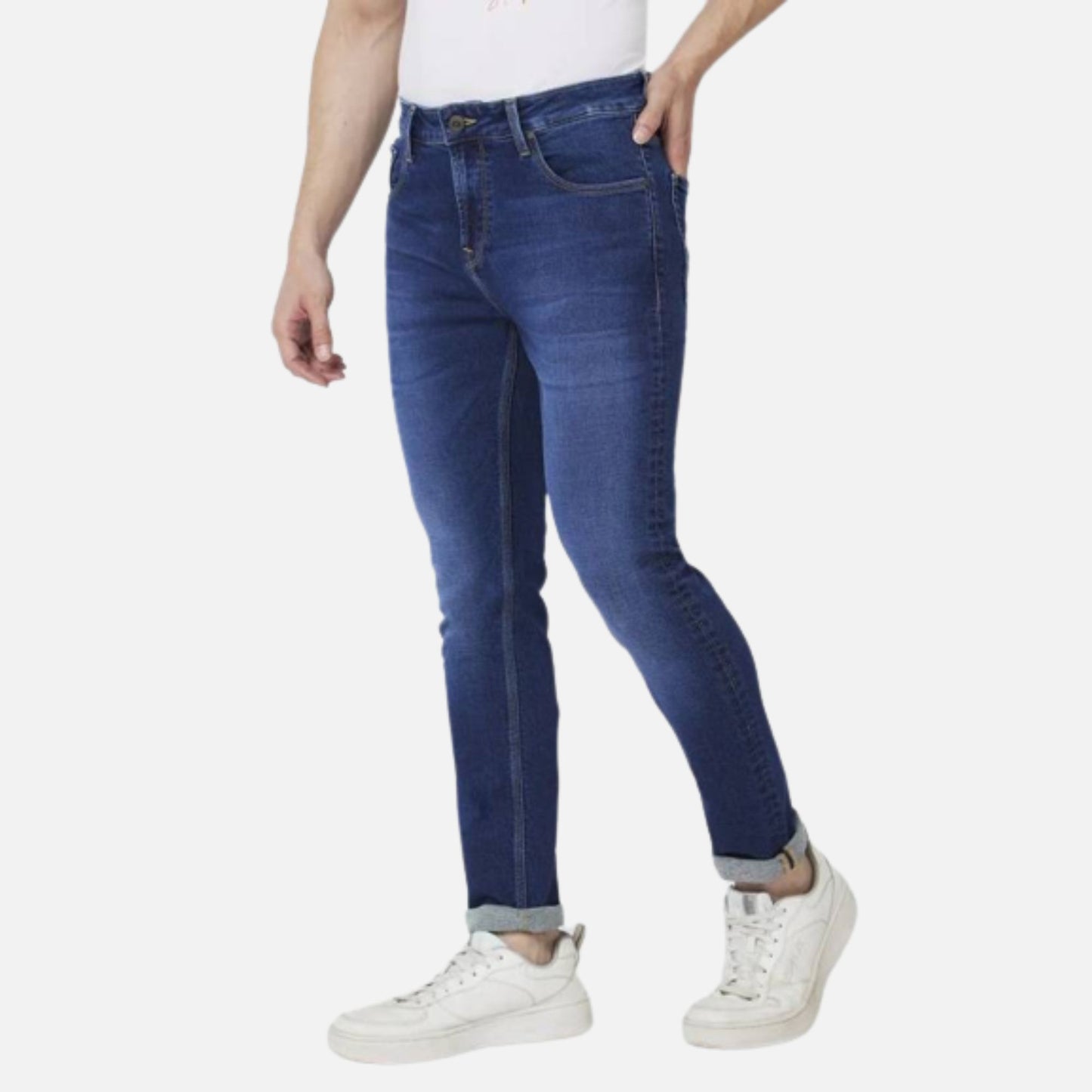 MID BLUE COTTON STRETCH SLIM FIT NARROW LENGTH CLEAN LOOK LOW RISE JEANS