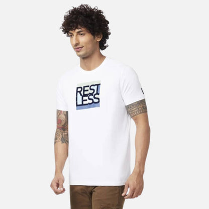 WHITE BLENDED SLIM FIT HALF SLEEVE ROUND NECK PRINTED TSHIRT