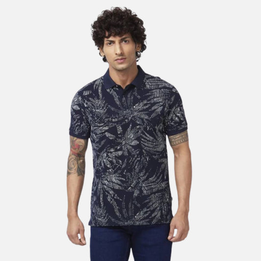 NAVY BLUE COTTON SLIM FIT HALF SLEEVE POLO NECK PRINTED TSHIRT