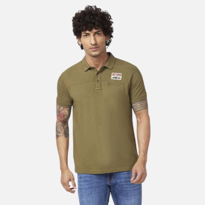 OLIVE GREEN COTTON SLIM FIT HALF SLEEVE POLO NECK PLAIN TSHIRT