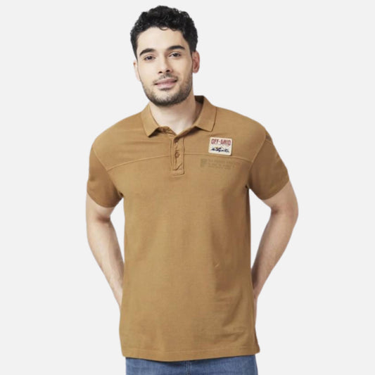 KHAKI COTTON SLIM FIT HALF SLEEVE POLO NECK PLAIN TSHIRT