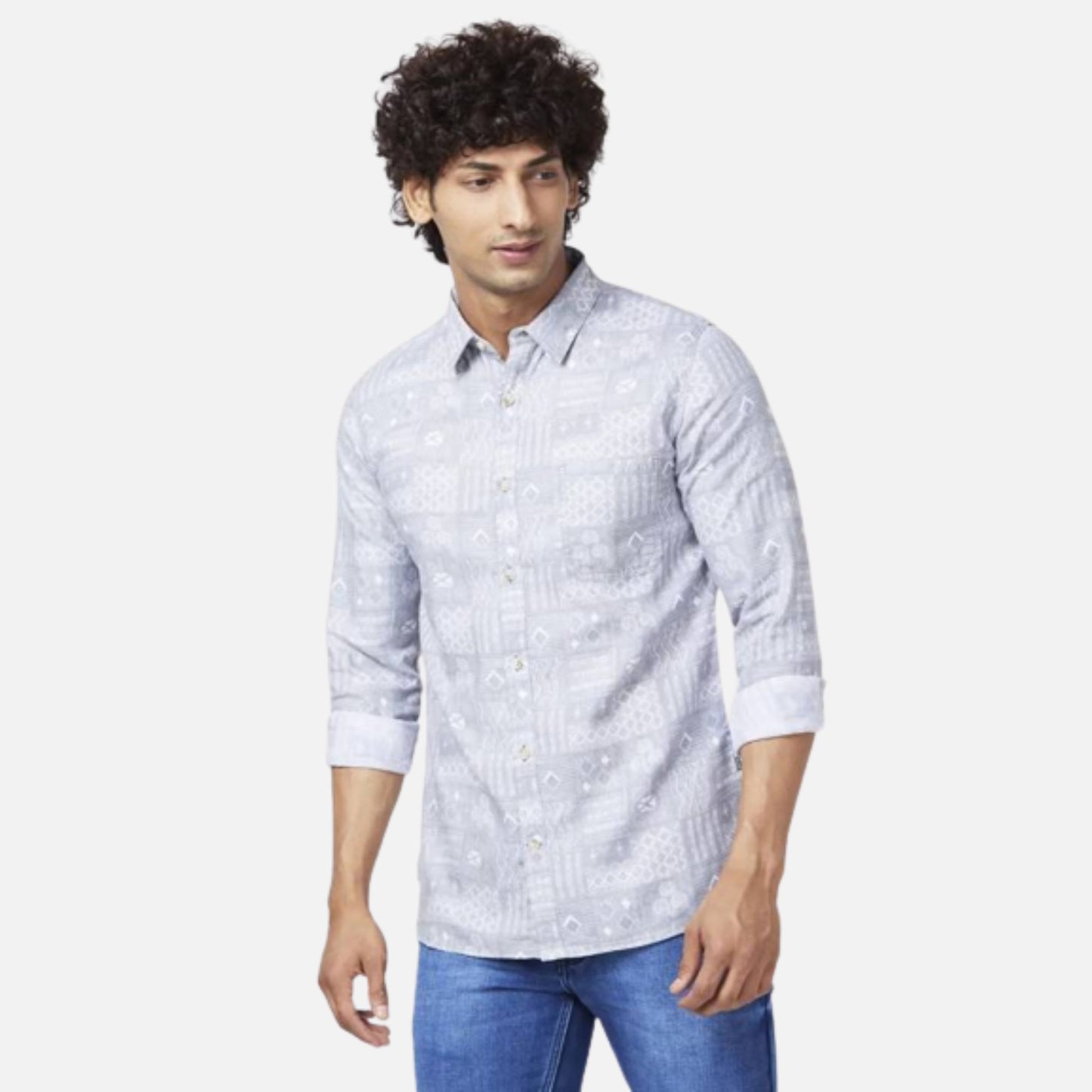 SILVER GREY SLUB REGULAR SLIM FIT FULL SLEEVE CAUSAL PRINTED SHIRT